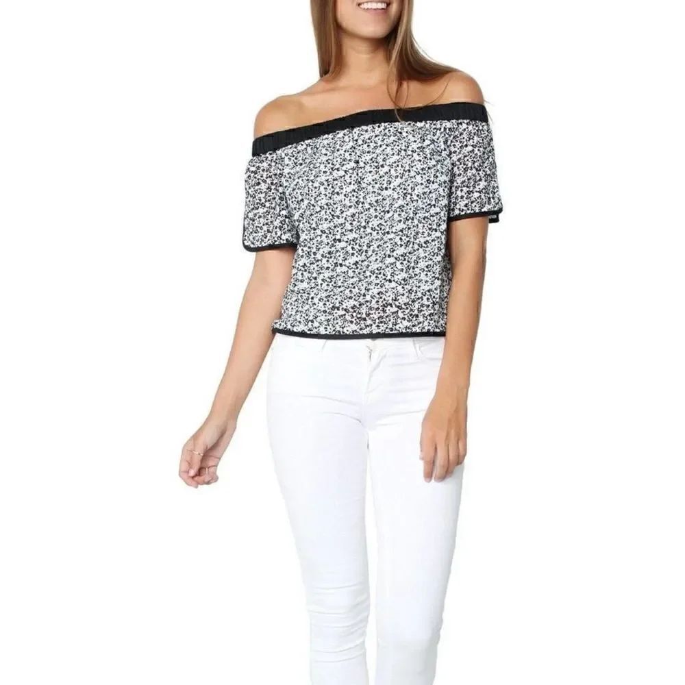 Rag & Bone Flavia Eyelet Off Shoulder crop Top Black floral, Size Small